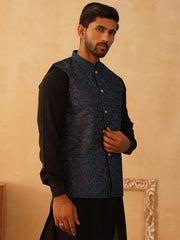 Embroidered Silk Blend Nehru Jacket-JOWC-4103Teal