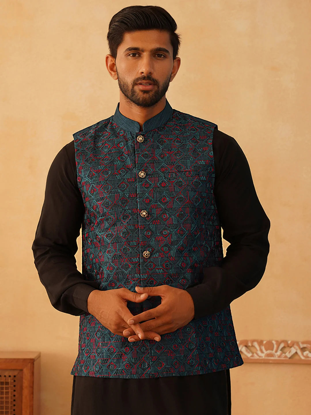 Teal Embroidered Silk Blend Nehru Jacket | Indian Nehru Jackets