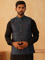 Embroidered Silk Blend Nehru Jacket-JOWC-4103Teal