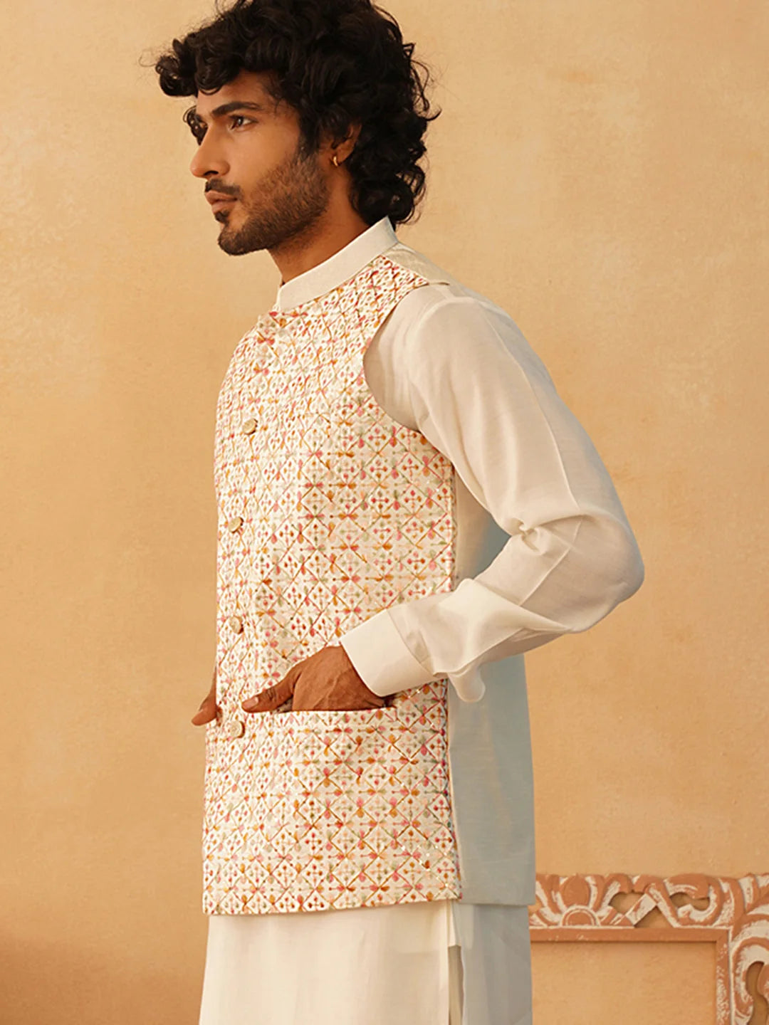 Embroidered Sequin Silk Blend Nehru Jacket | Men's Ethnic Wear