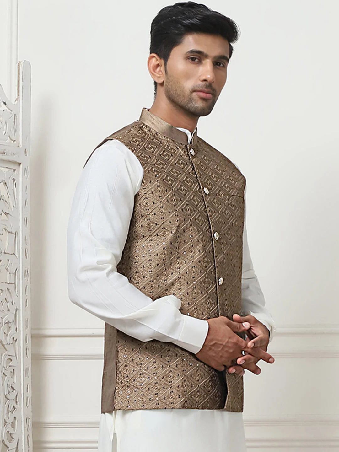 Bronze Sequin Silk Nehru Jacket | Indian Nehru Jackets Online