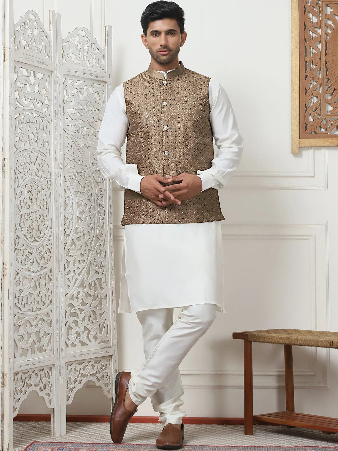Bronze Sequin Silk Nehru Jacket | Indian Nehru Jackets Online