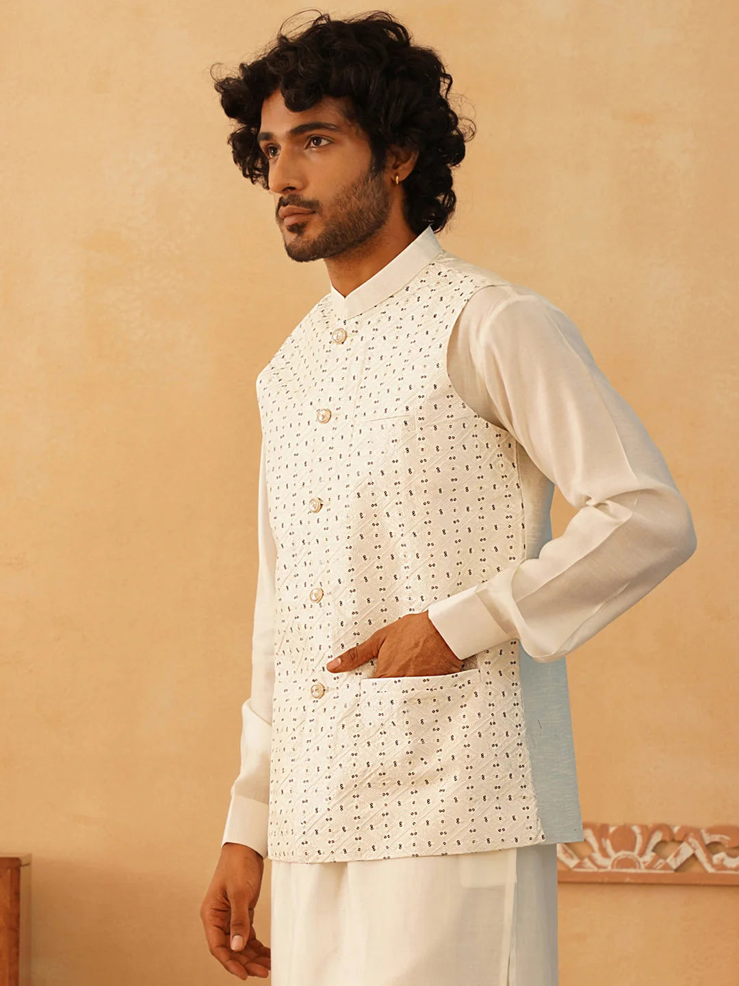 White Embroidered Silk Blend Nehru Jacket | Men's Ethnic Wear