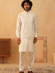 Embroidered With Sequin Silk Blend Nehru Jacket-JOWC-4105White