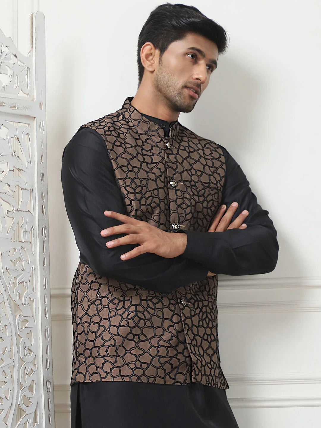 Brown Silk Blend Nehru Jacket | Embroidered Men's Ethnic Wear