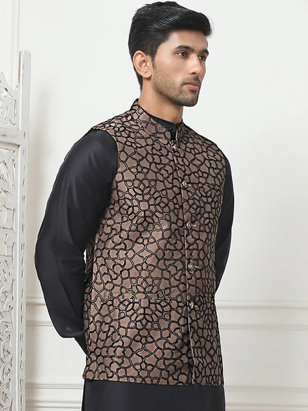 Brown Silk Blend Nehru Jacket | Embroidered Men's Ethnic Wear
