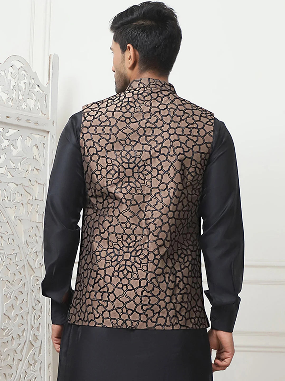 Brown Silk Blend Nehru Jacket | Embroidered Men's Ethnic Wear