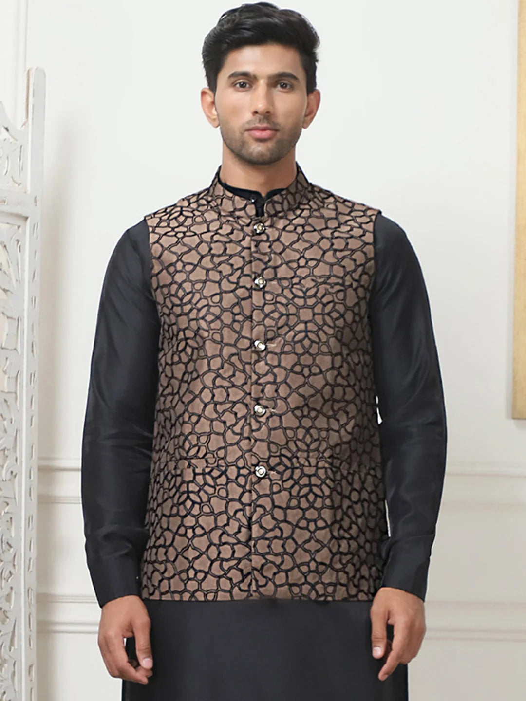 Brown Silk Blend Nehru Jacket | Embroidered Men's Ethnic Wear
