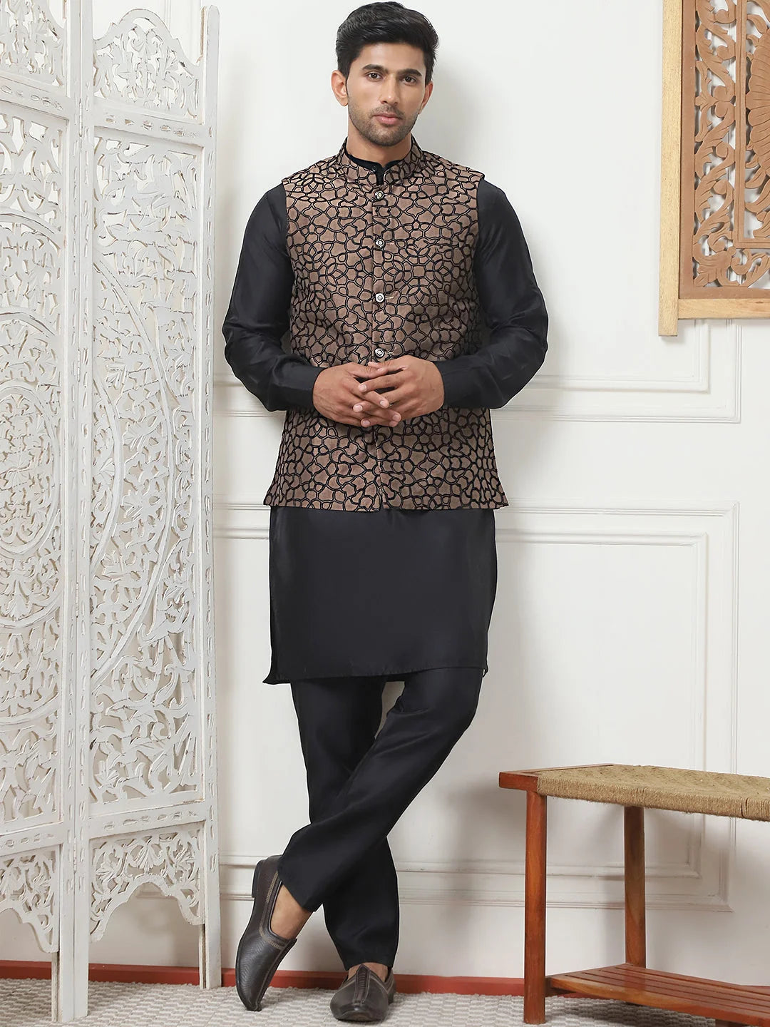 Brown Silk Blend Nehru Jacket | Embroidered Men's Ethnic Wear