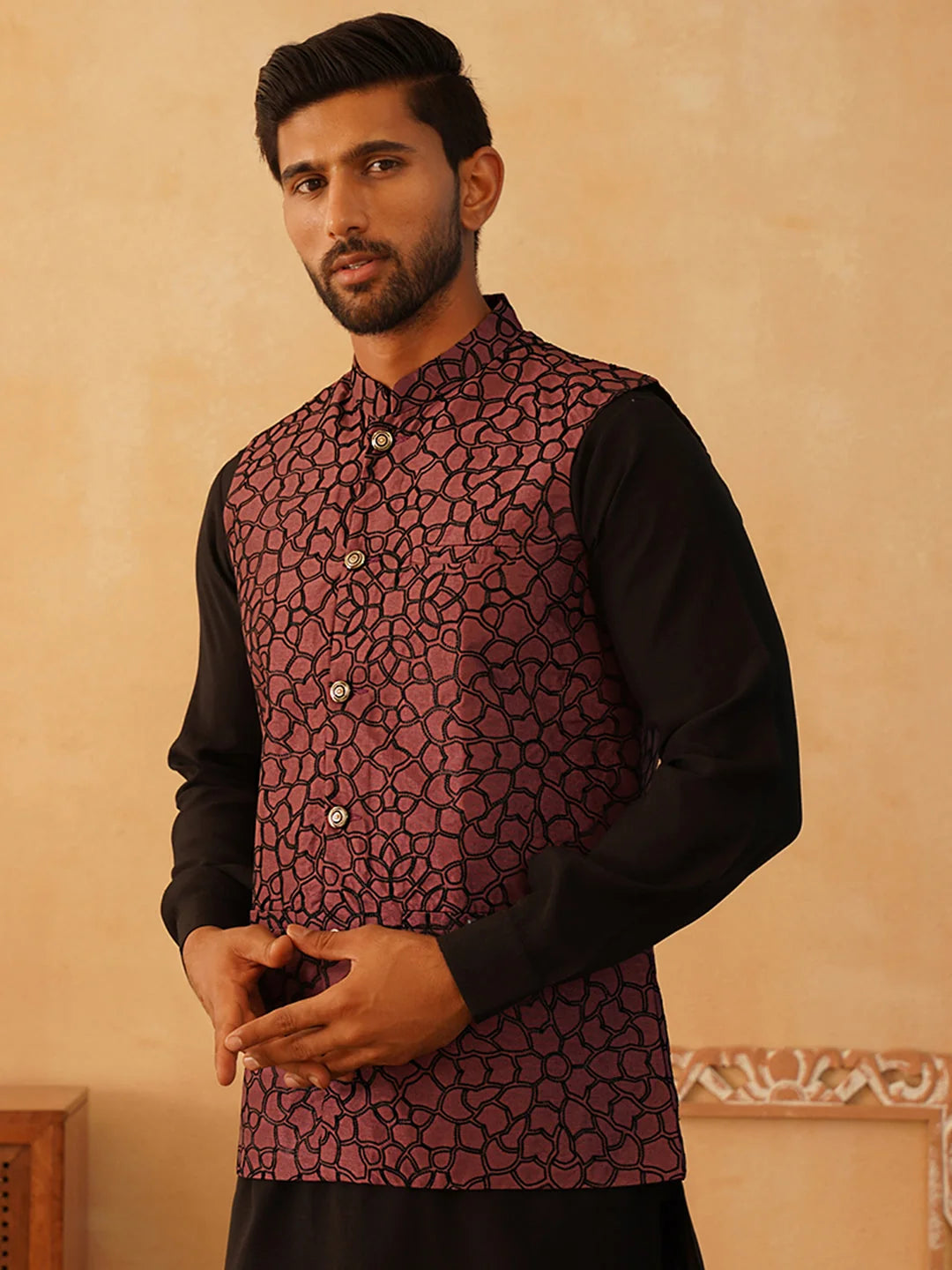 Embroidered Silk Blend Nehru Jacket-JOWC-4106Coral