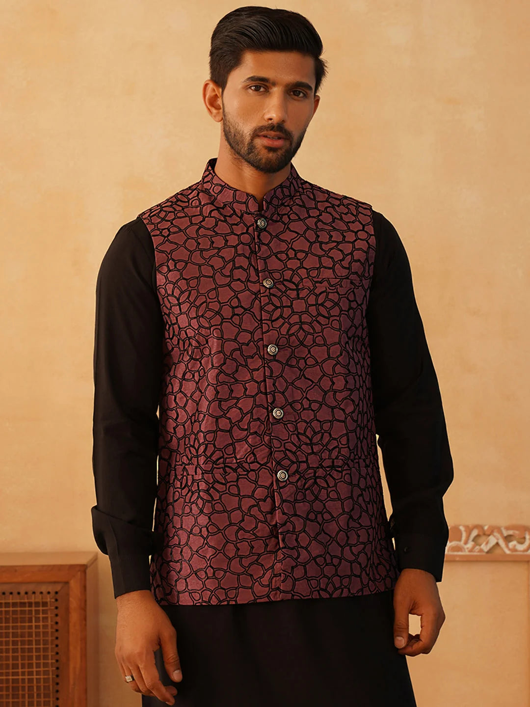 Coral Embroidered Silk Blend Nehru Jacket | Men's Ethnic Wear