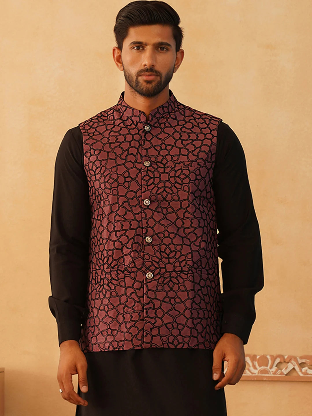 Coral Embroidered Silk Blend Nehru Jacket | Men's Ethnic Wear