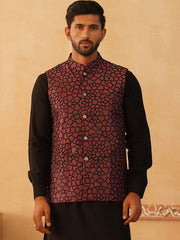 Embroidered Silk Blend Nehru Jacket-JOWC-4106Coral
