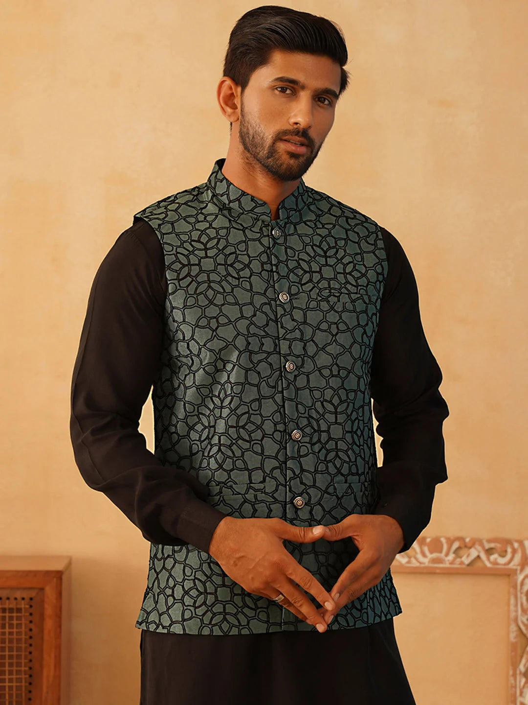 Teal Embroidered Silk Blend Nehru Jacket | Modi Jacket