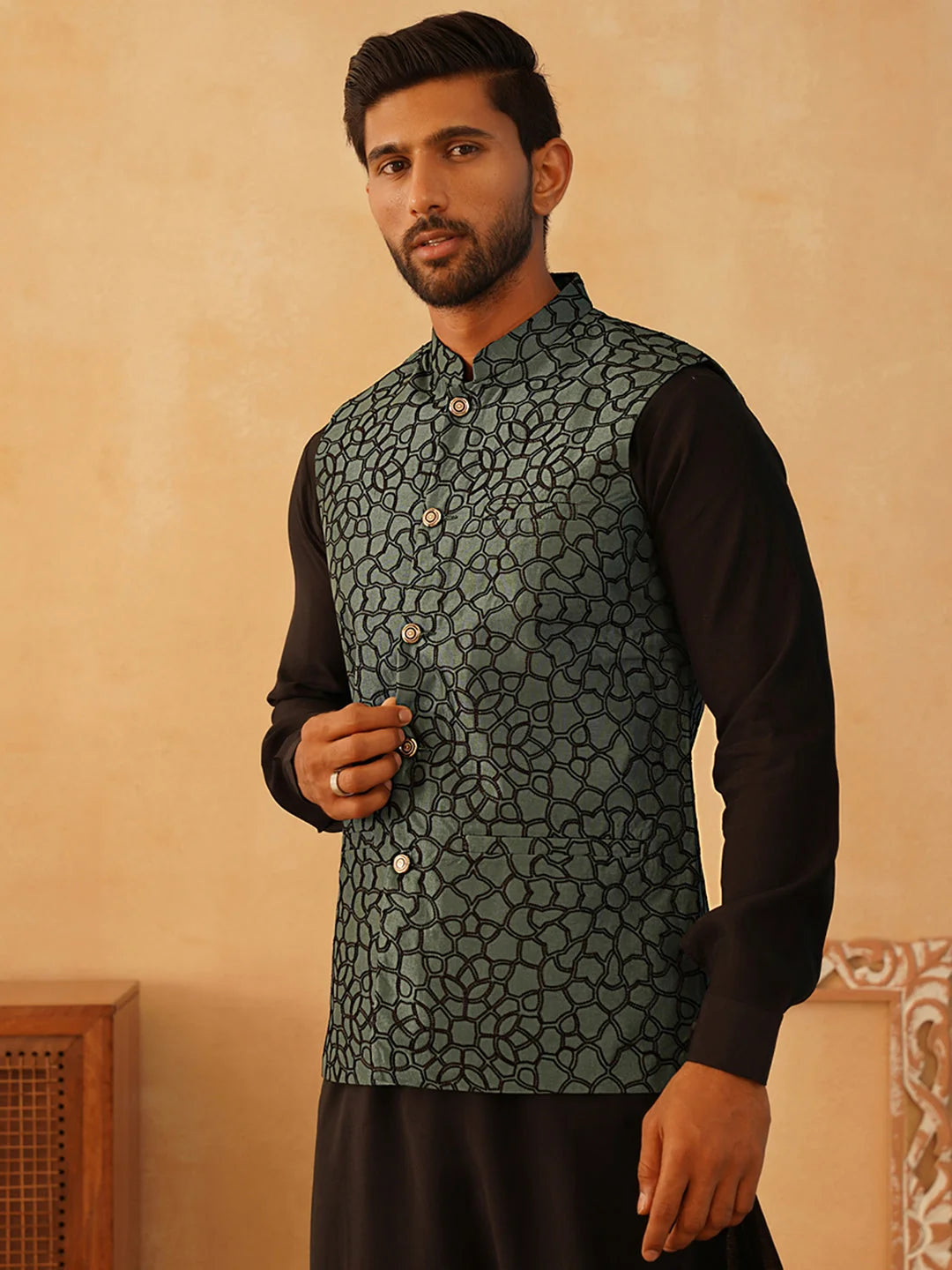 Teal Embroidered Silk Blend Nehru Jacket | Modi Jacket