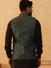 Embroidered Silk Blend Nehru Jacket-JOWC-4106Teal