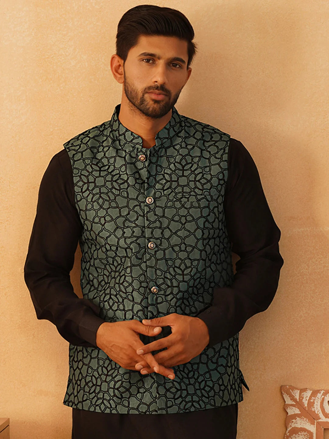 Teal Embroidered Silk Blend Nehru Jacket | Modi Jacket