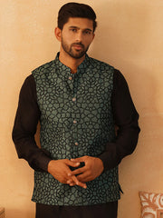 Embroidered Silk Blend Nehru Jacket-JOWC-4106Teal