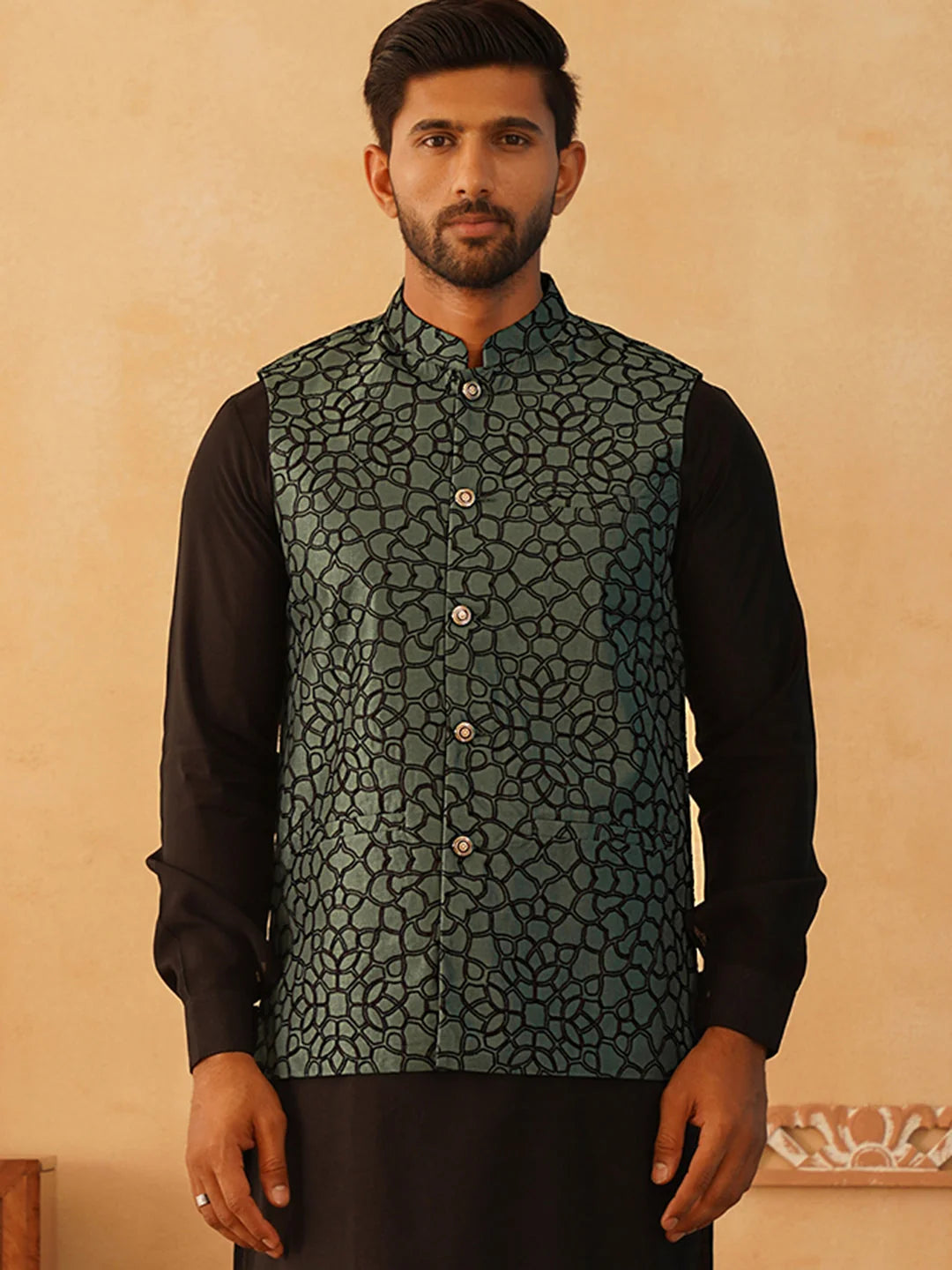 Teal Embroidered Silk Blend Nehru Jacket | Modi Jacket