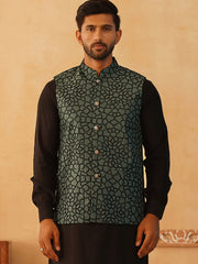 Embroidered Silk Blend Nehru Jacket-JOWC-4106Teal