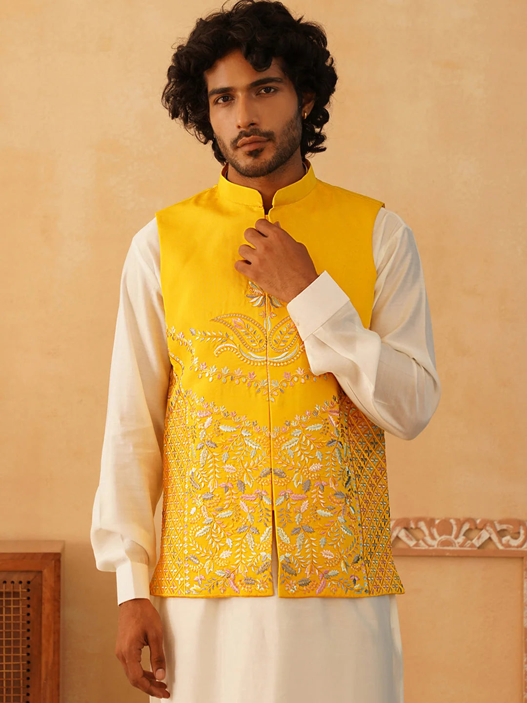 Yellow Embroidered Silk Blend Nehru Jacket | Nehru Collar