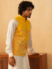 Embroidered Silk Blend Nehru Jacket-JOWC-4107Yellow
