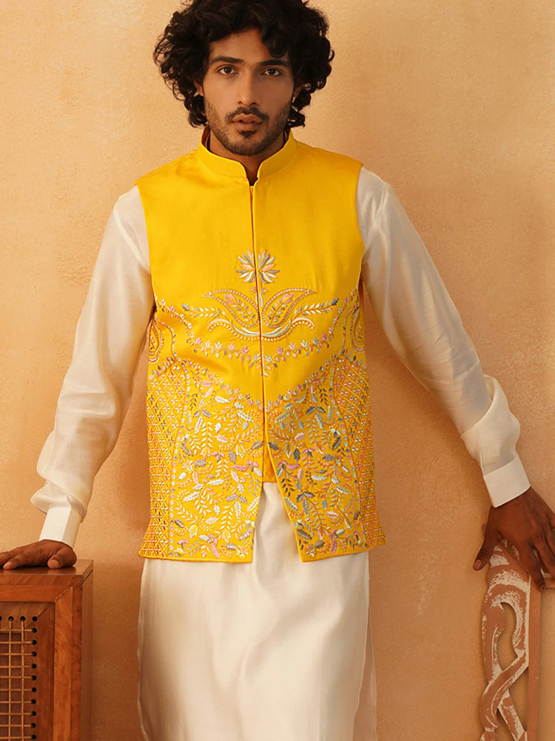 Yellow Embroidered Silk Blend Nehru Jacket | Nehru Collar
