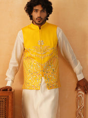 Embroidered Silk Blend Nehru Jacket-JOWC-4107Yellow