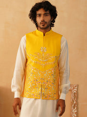 Embroidered Silk Blend Nehru Jacket-JOWC-4107Yellow