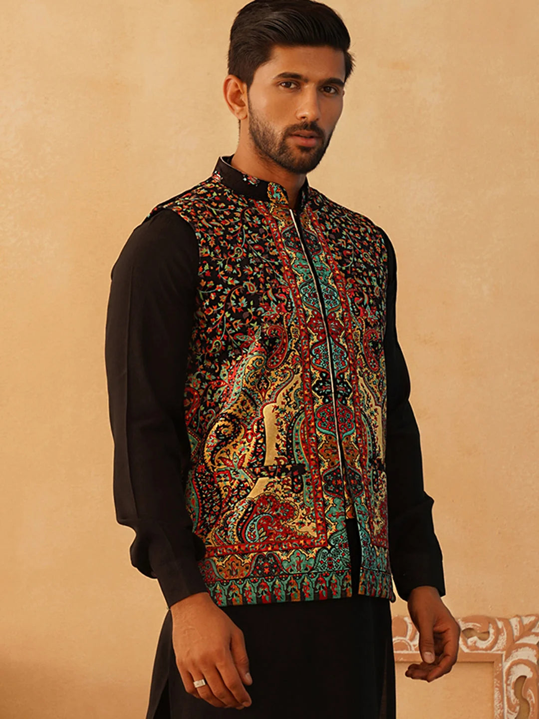 Black Printed Velvet Nehru Jacket | Modi Jacket for Men