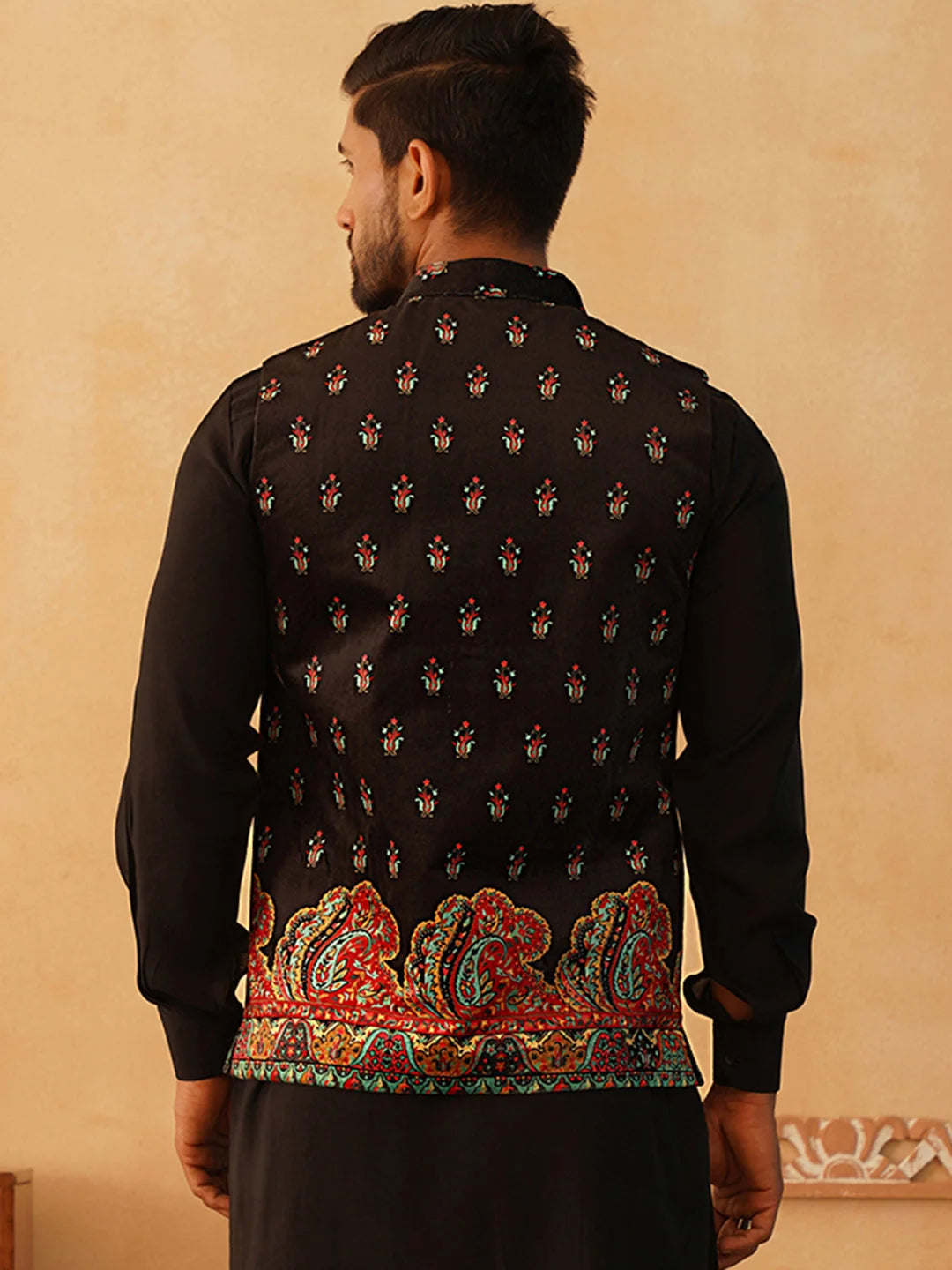 Black Printed Velvet Nehru Jacket | Modi Jacket for Men