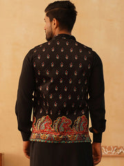 Printed Velvet Nehru Jacket-JOWC-4108Black