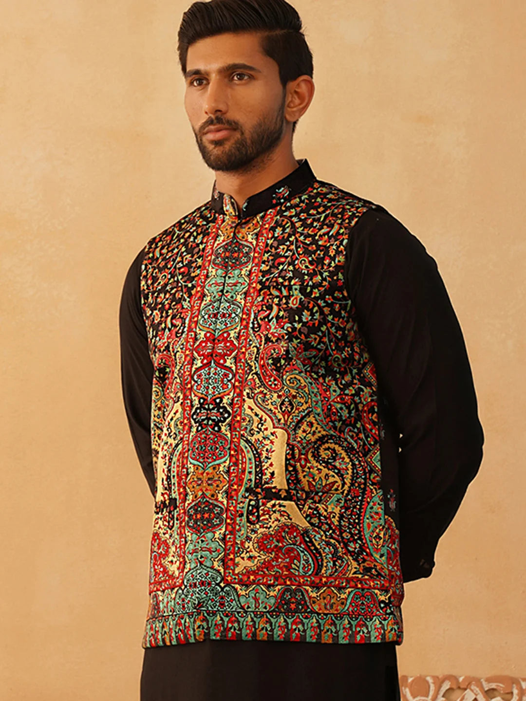Black Printed Velvet Nehru Jacket | Modi Jacket for Men