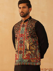 Printed Velvet Nehru Jacket-JOWC-4108Black