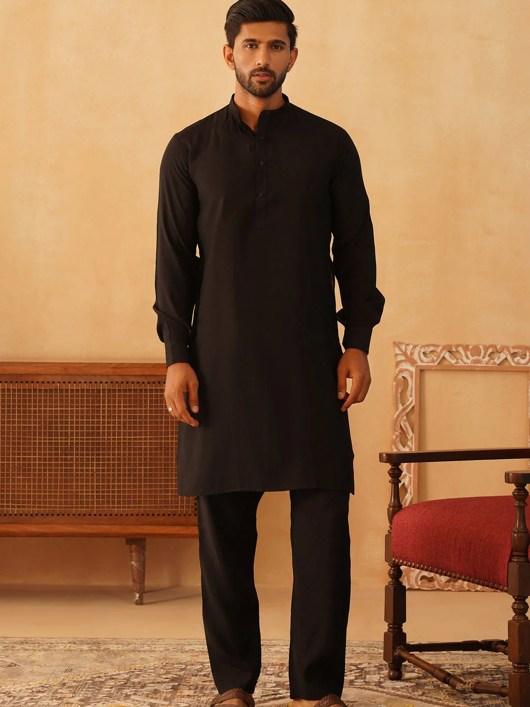 Black Printed Velvet Nehru Jacket | Modi Jacket for Men