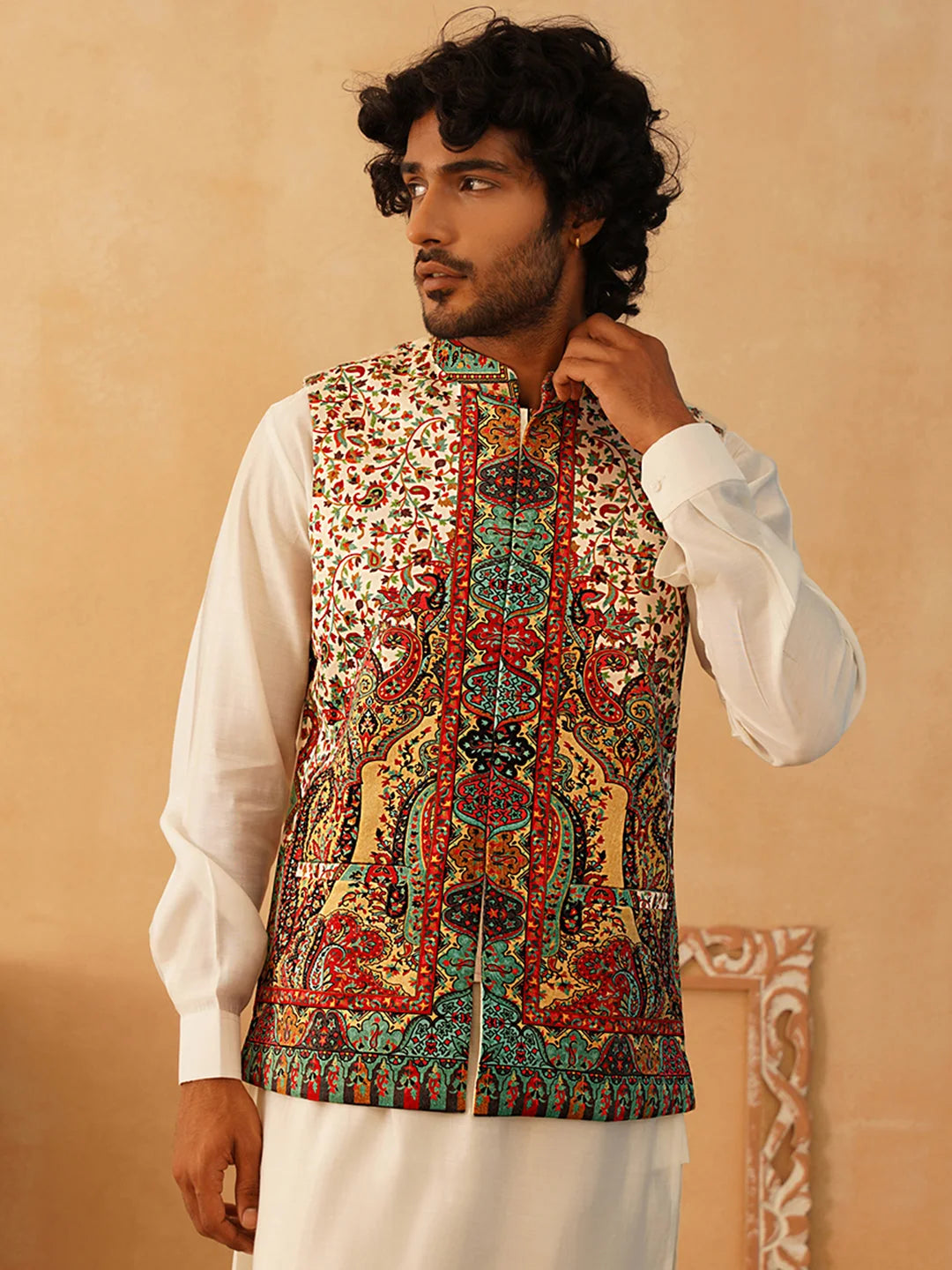 Cream Printed Velvet Nehru Jacket | Men's Ethnic Wear