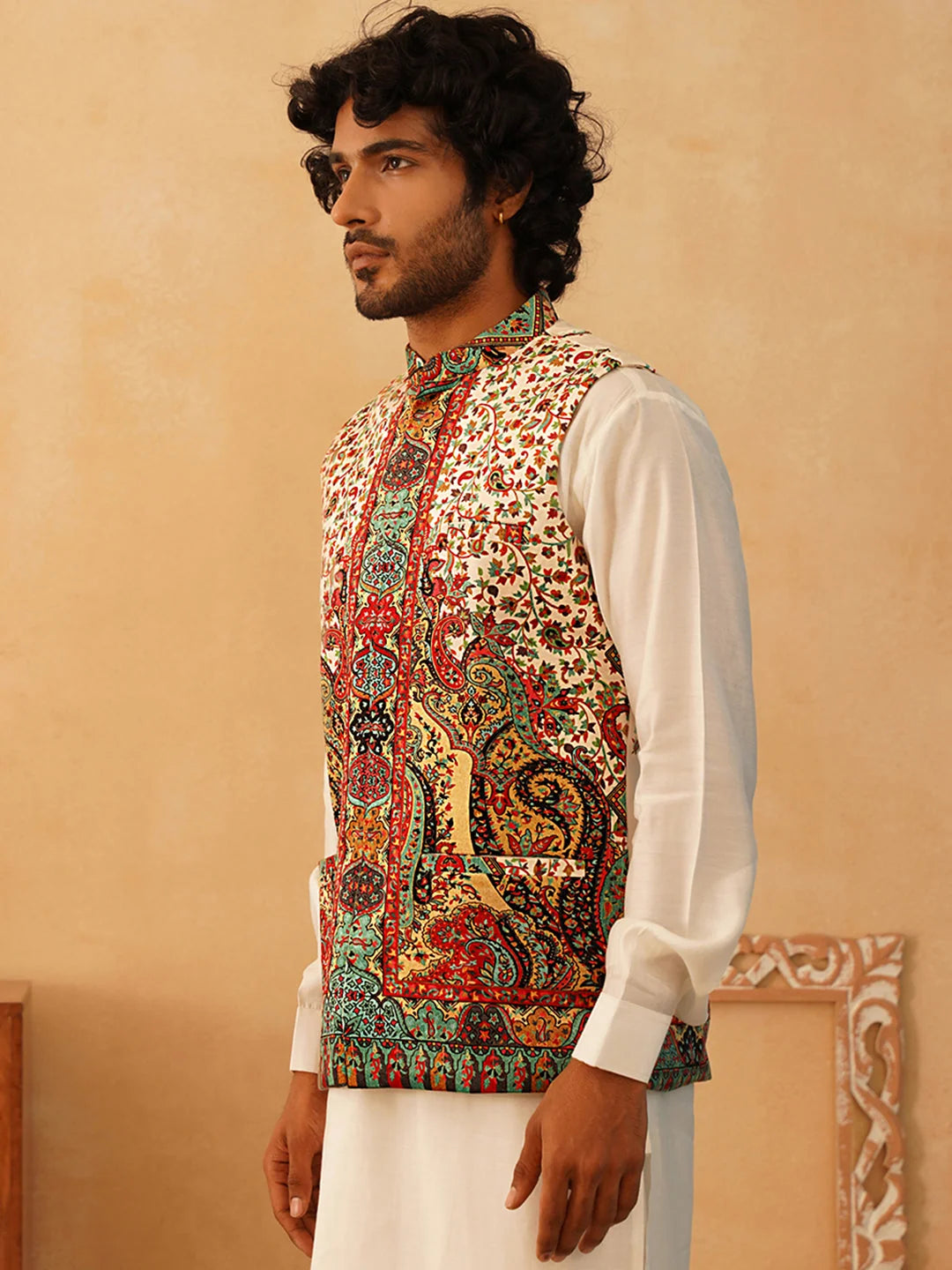 Cream Printed Velvet Nehru Jacket | Men's Ethnic Wear
