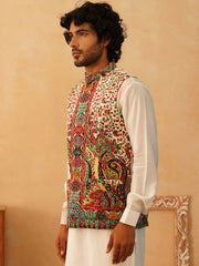 Printed Velvet Nehru Jacket-JOWC-4108Cream