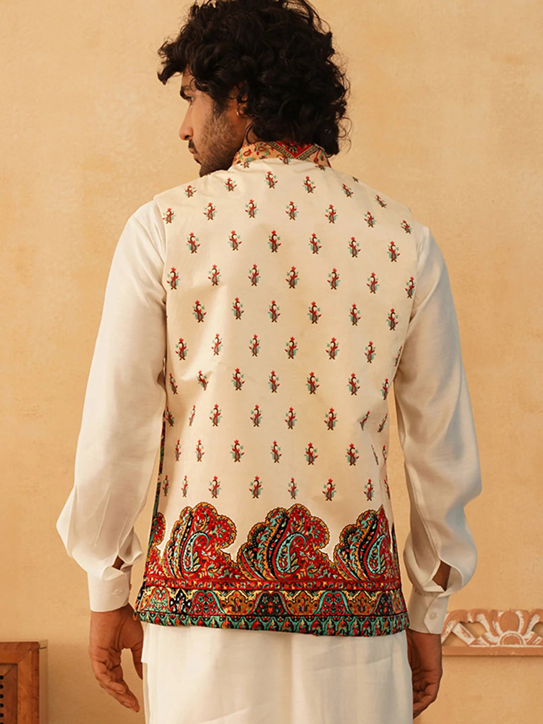 Cream Printed Velvet Nehru Jacket | Men's Ethnic Wear