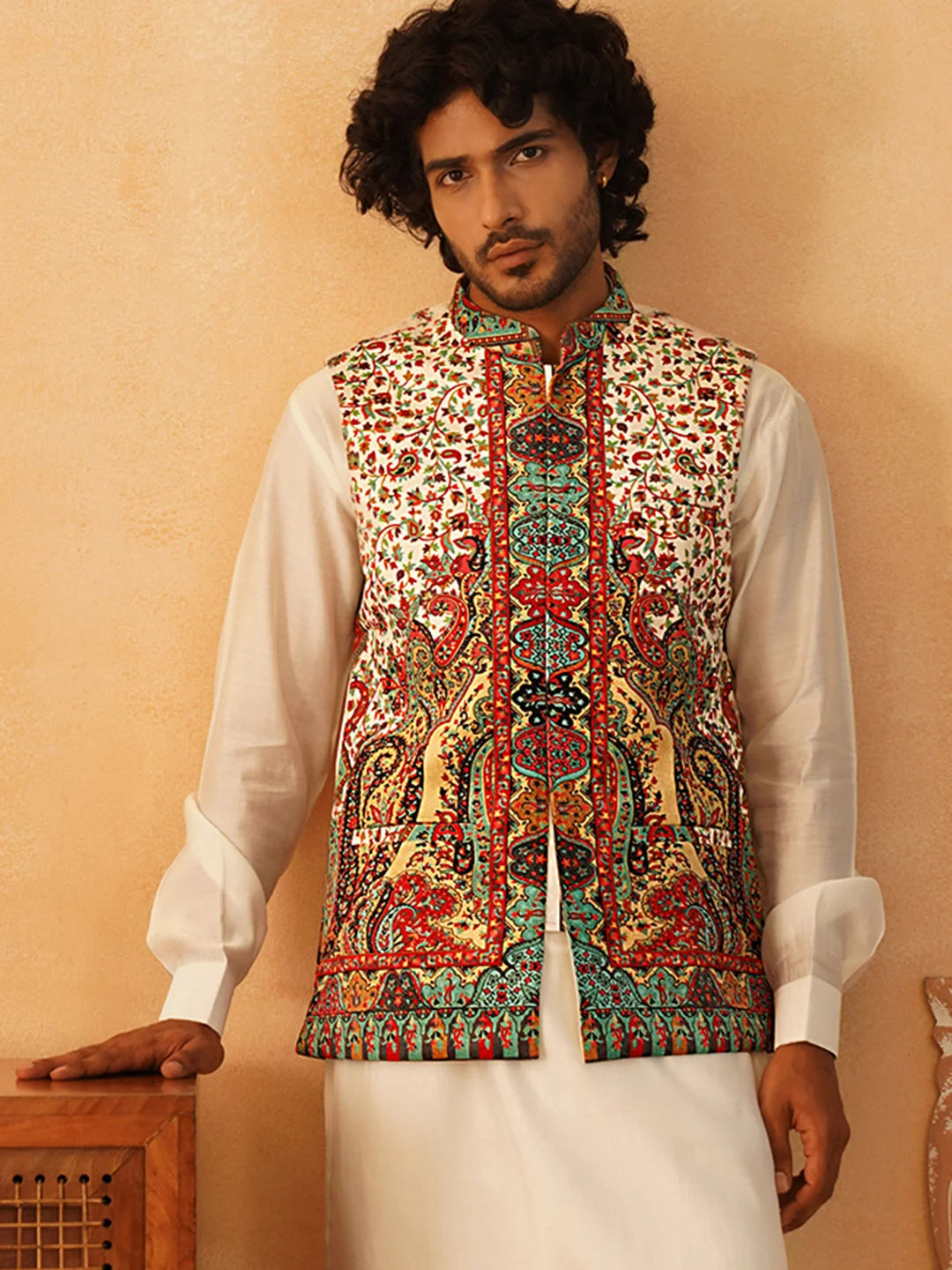 Cream Printed Velvet Nehru Jacket | Men's Ethnic Wear