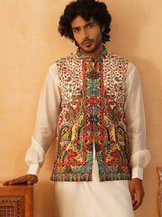Printed Velvet Nehru Jacket-JOWC-4108Cream