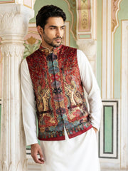 Printed Velvet Nehru Jacket ( JOWC 4108Maroon )