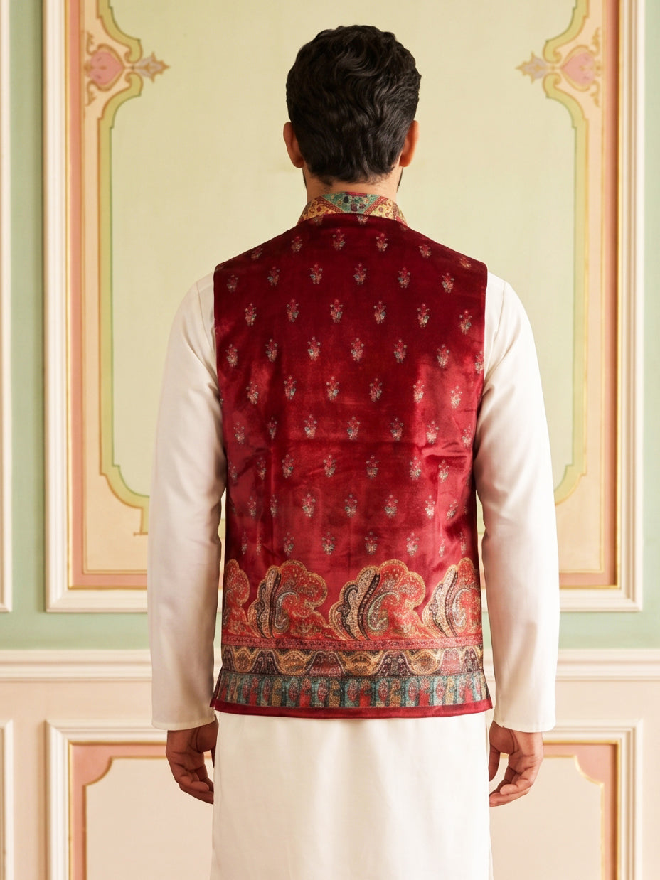 DesiQlo Men Printed Nehru Jacket and Kurta Pyjama Set - Maroon