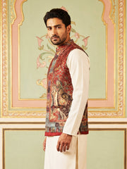 Printed Velvet Nehru Jacket ( JOWC 4108Maroon )
