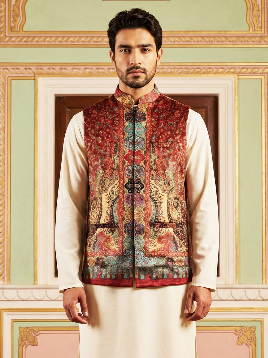 DesiQlo Men Printed Nehru Jacket and Kurta Pyjama Set - Maroon