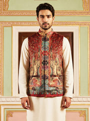 Printed Velvet Nehru Jacket ( JOWC 4108Maroon )
