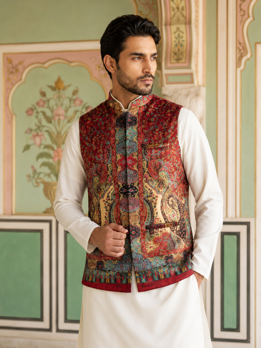 DesiQlo Men Printed Nehru Jacket and Kurta Pyjama Set - Maroon