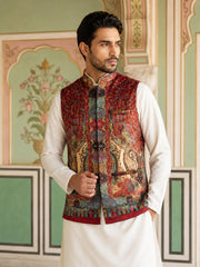 Printed Velvet Nehru Jacket ( JOWC 4108Maroon )