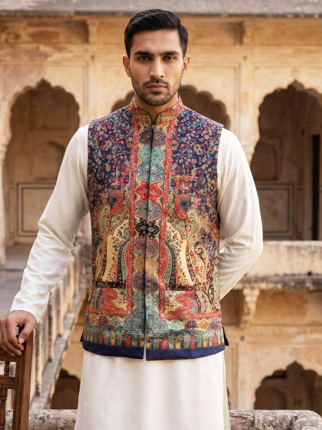 DesiQlo Men Printed Nehru Jacket and Kurta Pyjama Set - - JOWC_4108Nav