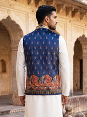 Printed Velvet Nehru Jacket ( JOWC 4108Navy )